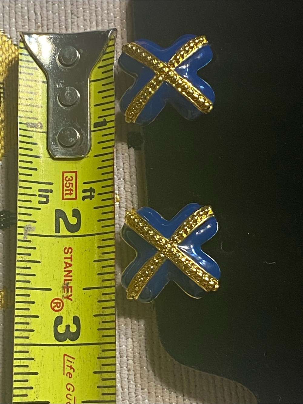 Vintage 1980 Blue Enamel Gold Tone Criss Cross clip on earrings